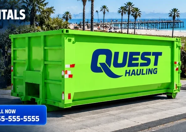 Quest Hauling 16-yard lime green roll-off dumpster parked by the Huntington Beach pier
